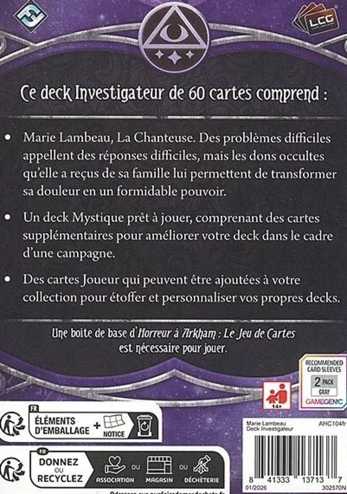 Marie Lambeau - Deck Investigateur (Horreur à Arkham JCE)
