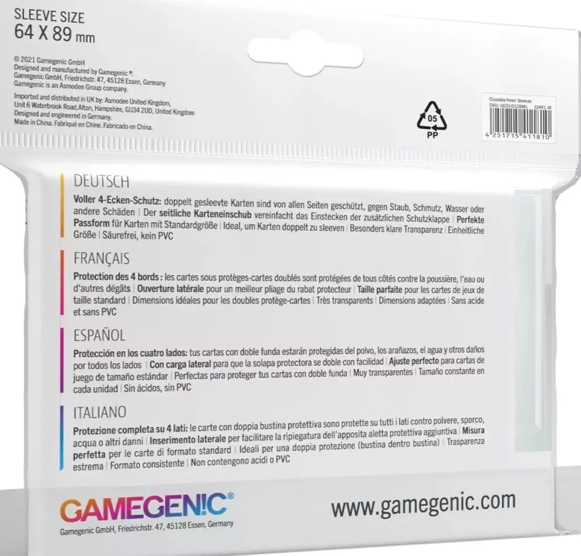 64x89mm - Lot de 100 protège-cartes Closable Inner Sleeves - Gamegenic