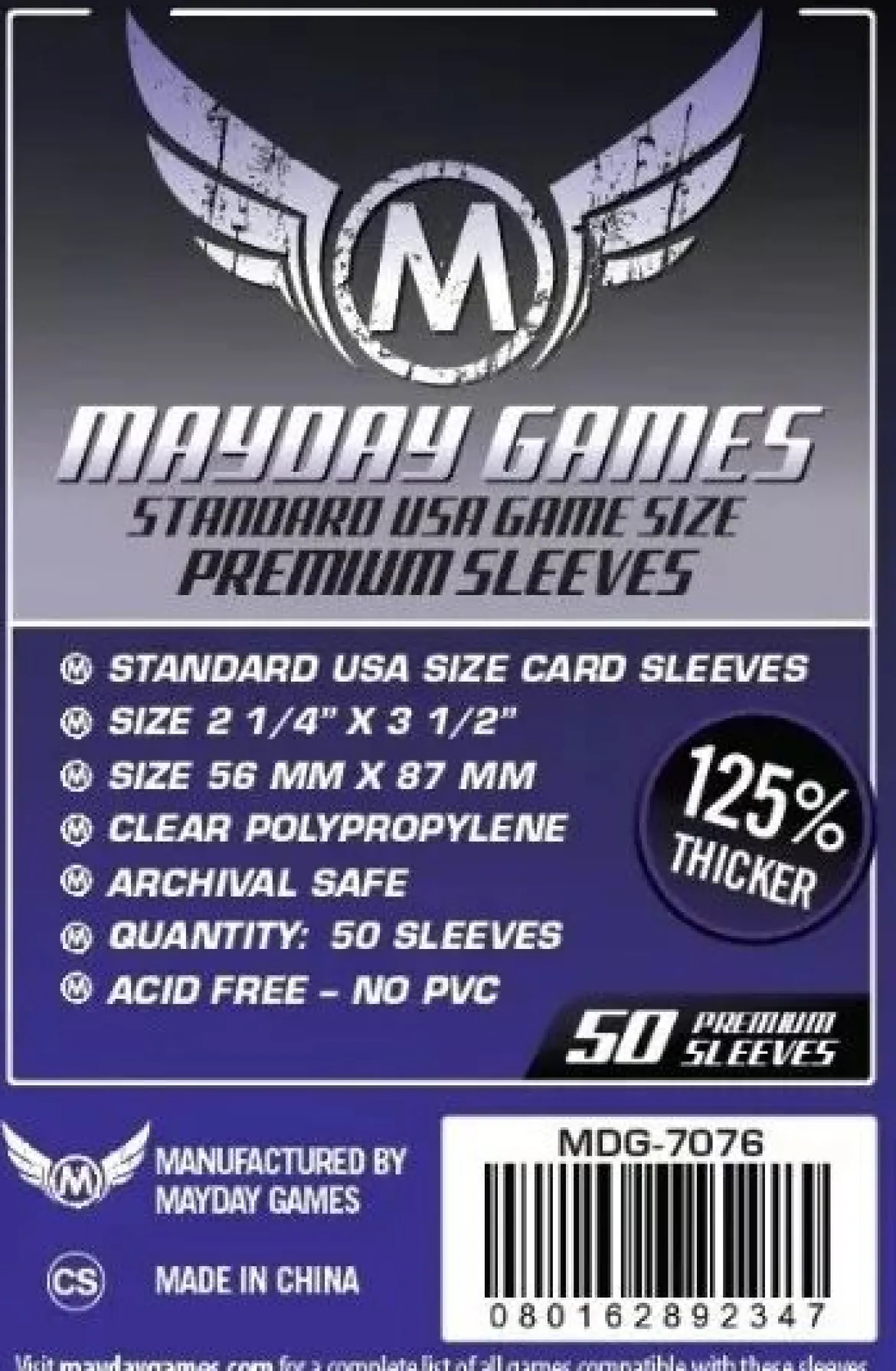 56x87mm - Lot de 50 protège-cartes Premium Standard USA - Mayday Games