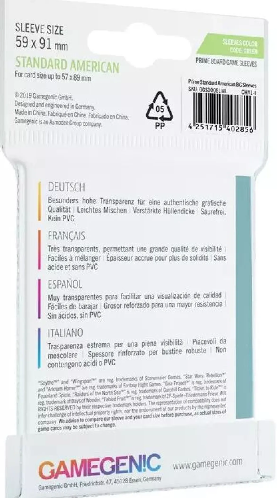 59x91mm - Lot de 50 protège-cartes Prime Standard USA - Gamegenic